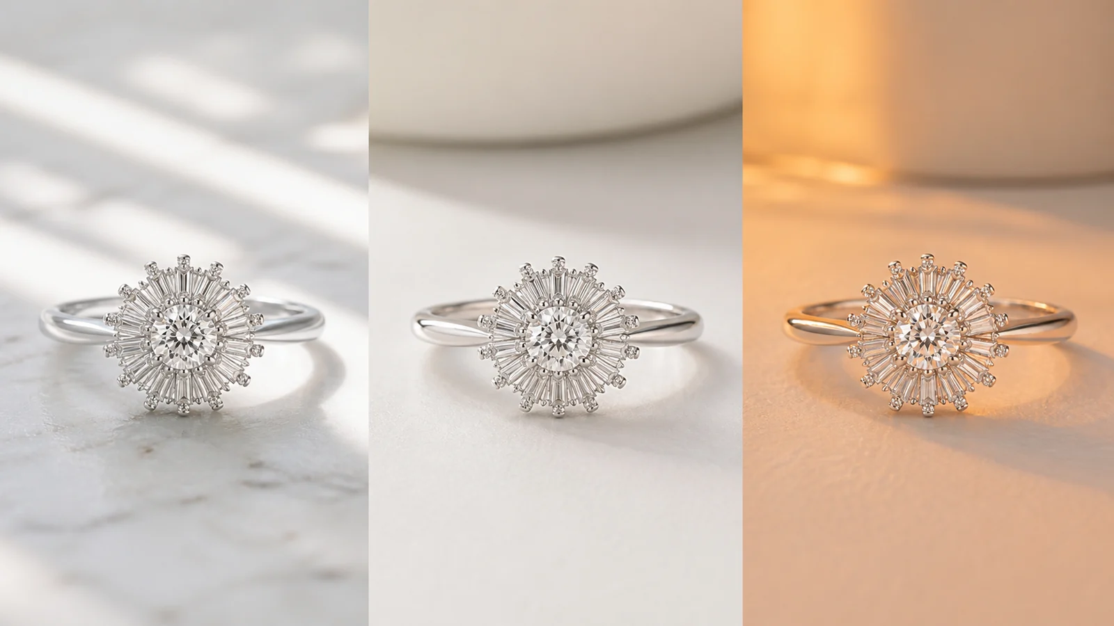 Same generic white-tone sunburst ring under daylight, neutral indoor light, and warm light