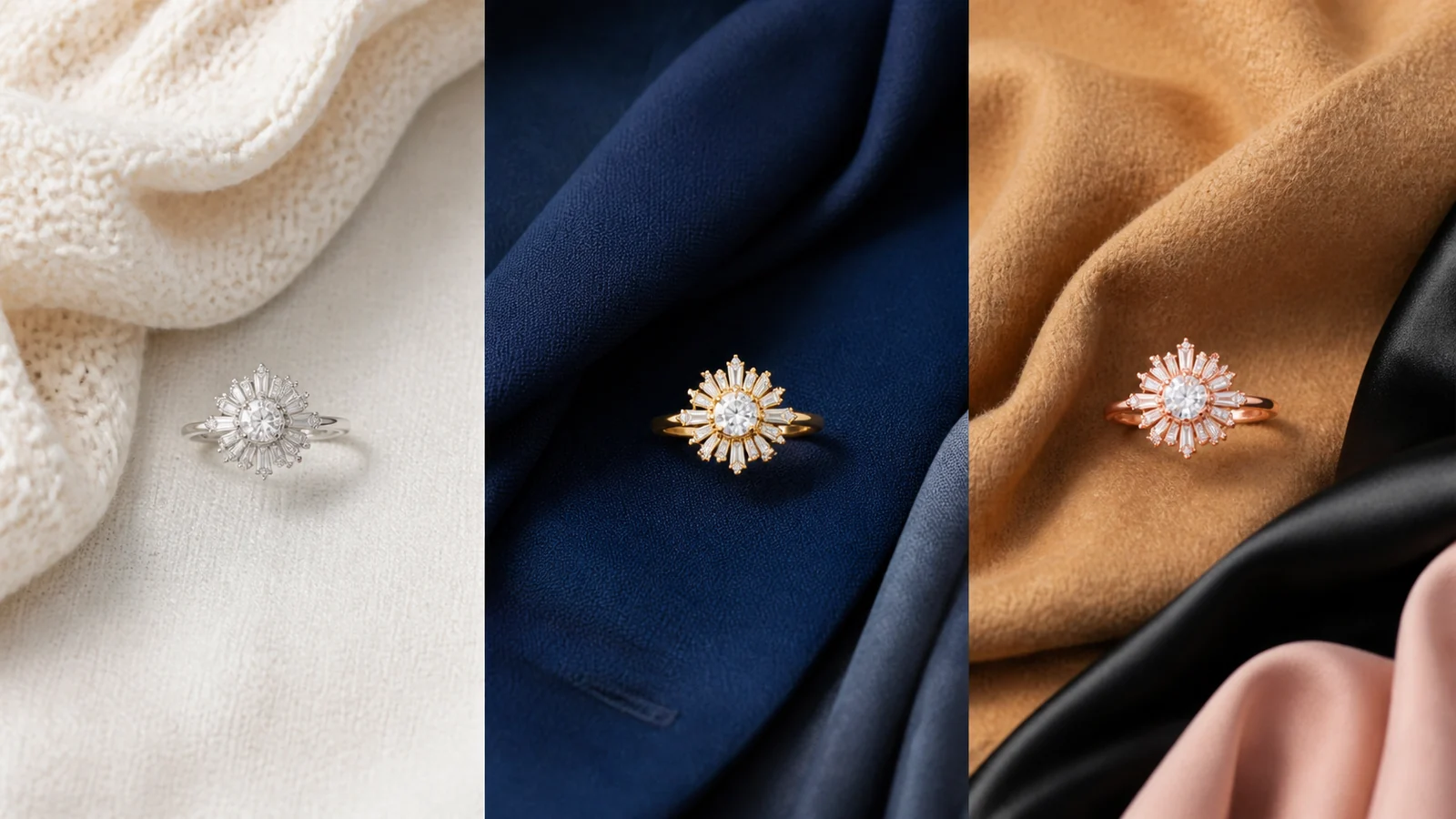 Generic sunshine rings paired with ivory, navy, camel, black, and blush fabrics