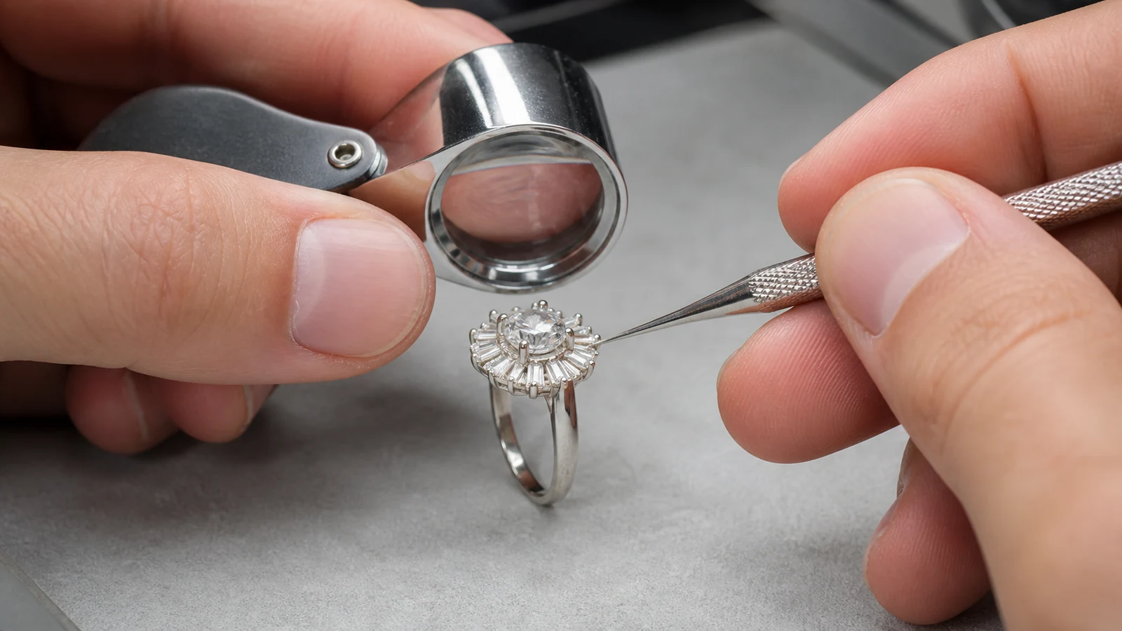 Professional jeweler examining a generic sunburst-inspired ring setting with a loupe and fine tool