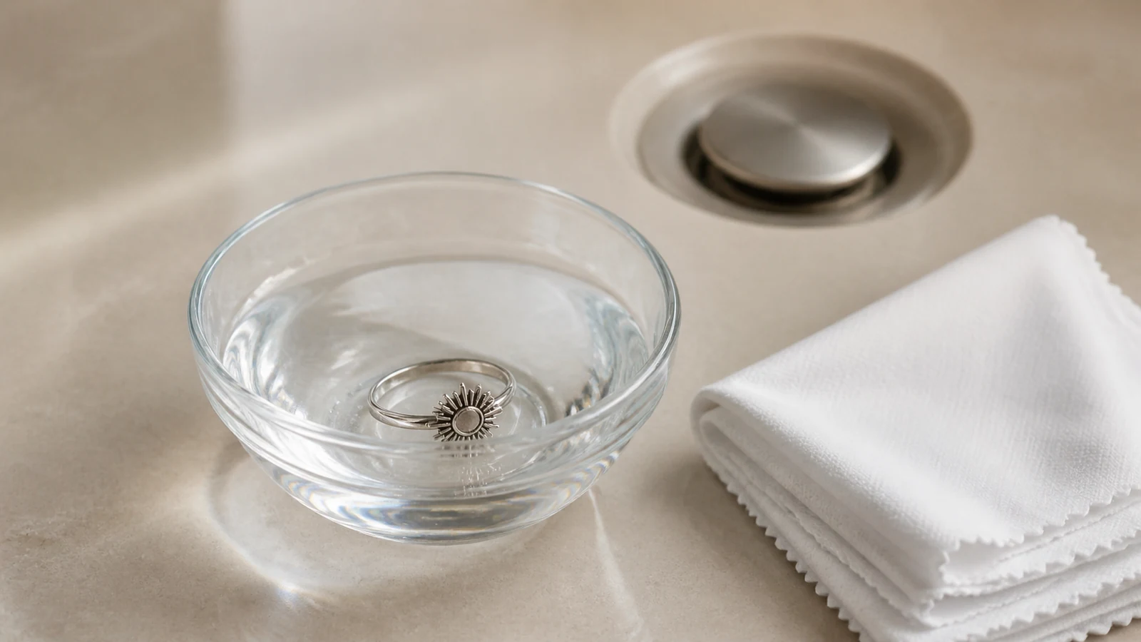 Generic sunburst-inspired ring rinsing in a glass bowl beside a folded lint-free drying cloth