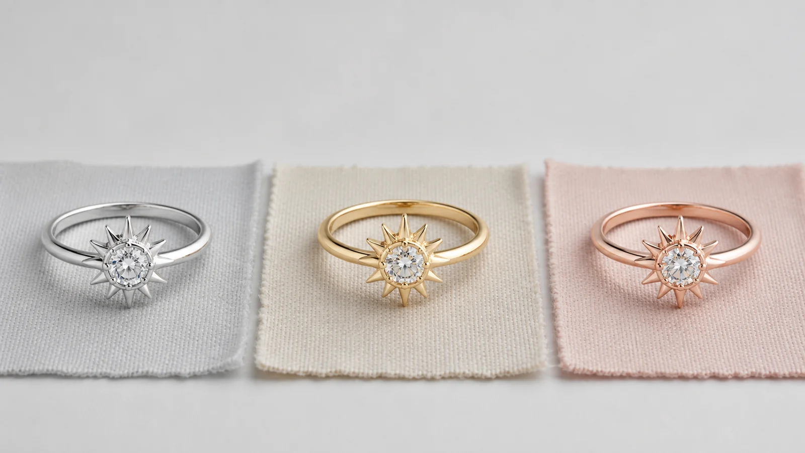 Matched generic sunshine ring designs in white, yellow, and rose metal colors
