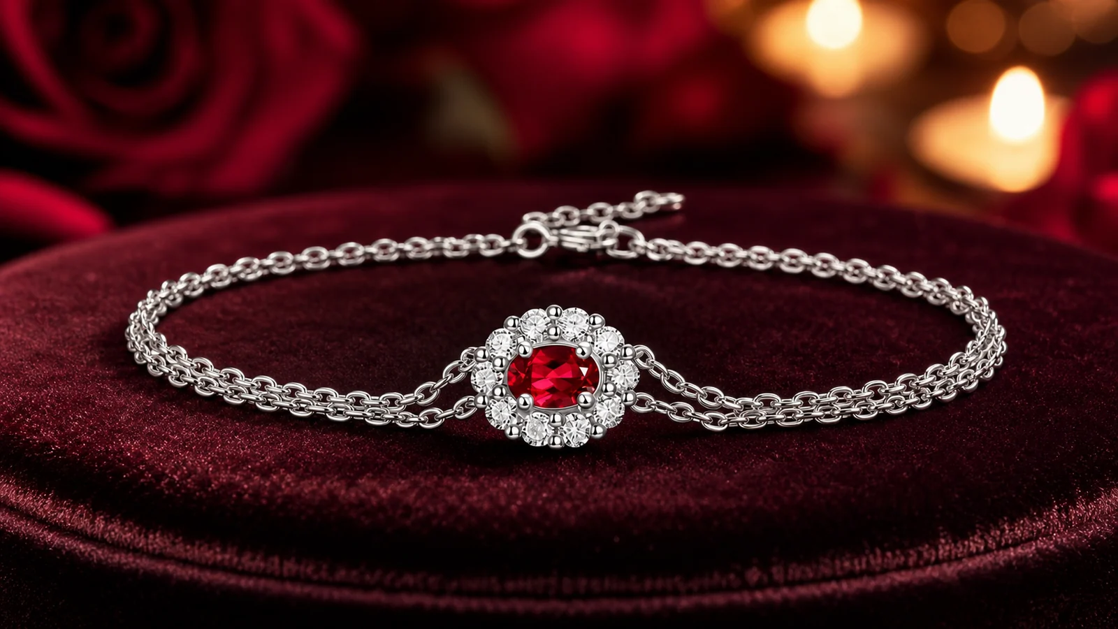 True Heart Oval-Cut S925 Sterling Silver Bracelet with a red center stone