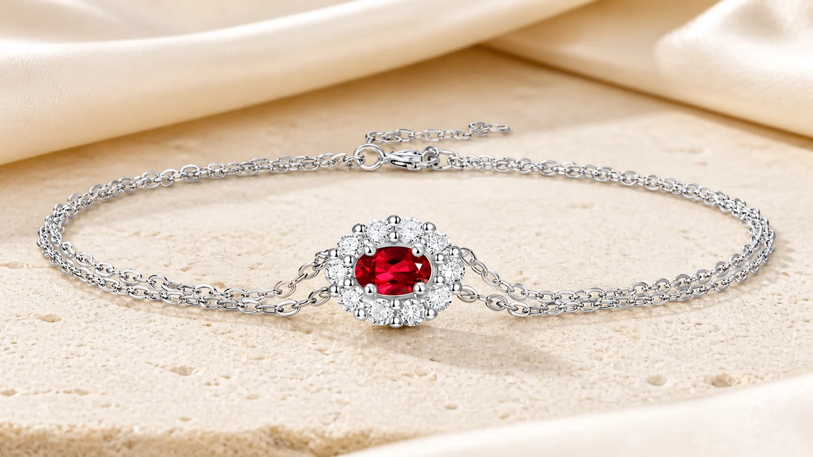 True Heart Oval-Cut S925 Sterling Silver Bracelet with an elongated red oval center and surrounding clear accents
