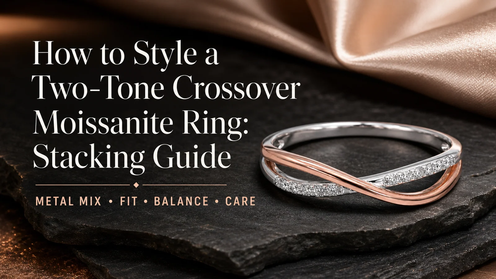 Two-tone crossover moissanite ring featured in a stacking and styling guide