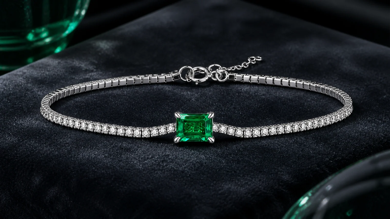Vine Grace Square-Cut S925 Sterling Silver Bracelet with a green square center and stone-set chain