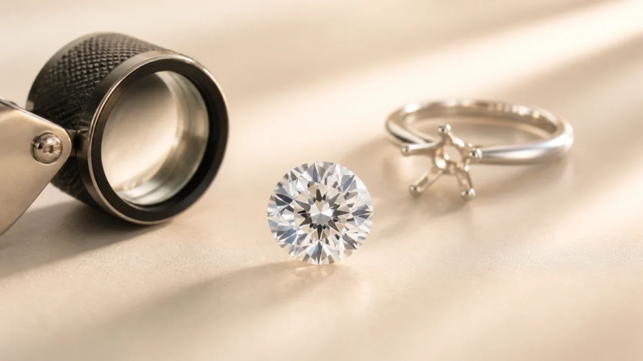 Round moissanite with a jeweler's loupe and solitaire setting in a warm studio scene