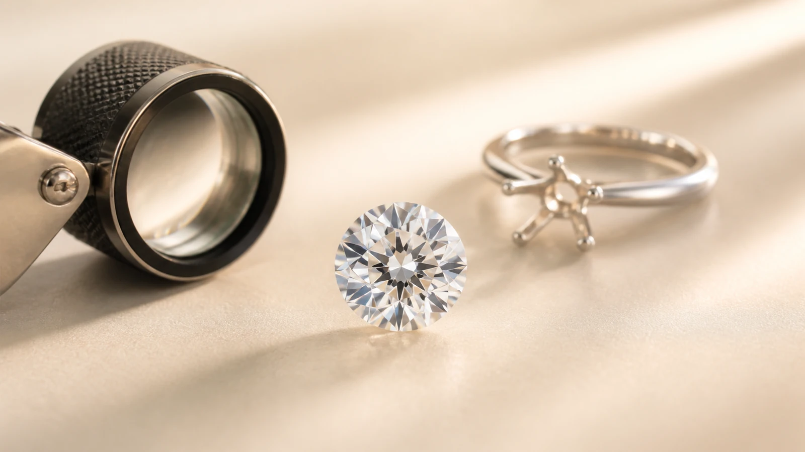 Round moissanite with a jeweler's loupe and solitaire setting in a warm studio scene