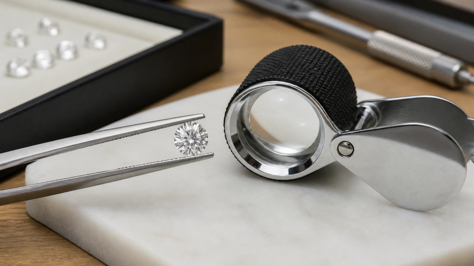 Loose round moissanite beside gem tweezers and a jeweler's loupe for clarity inspection
