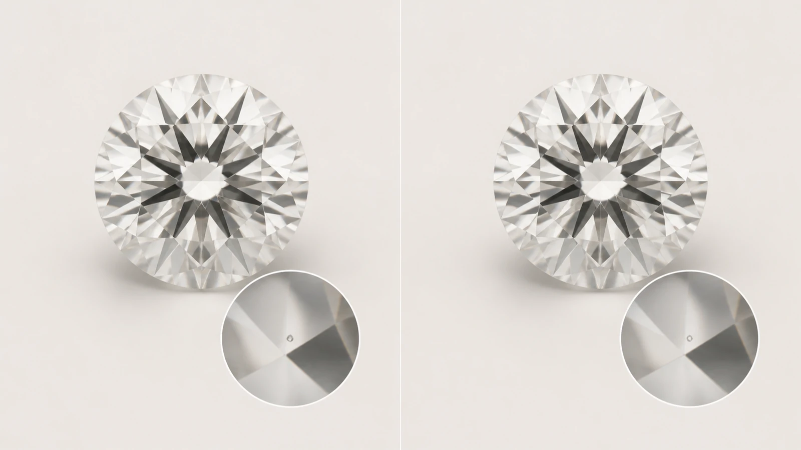 Conceptual side-by-side macro view of two high-clarity moissanite stones with magnified insets