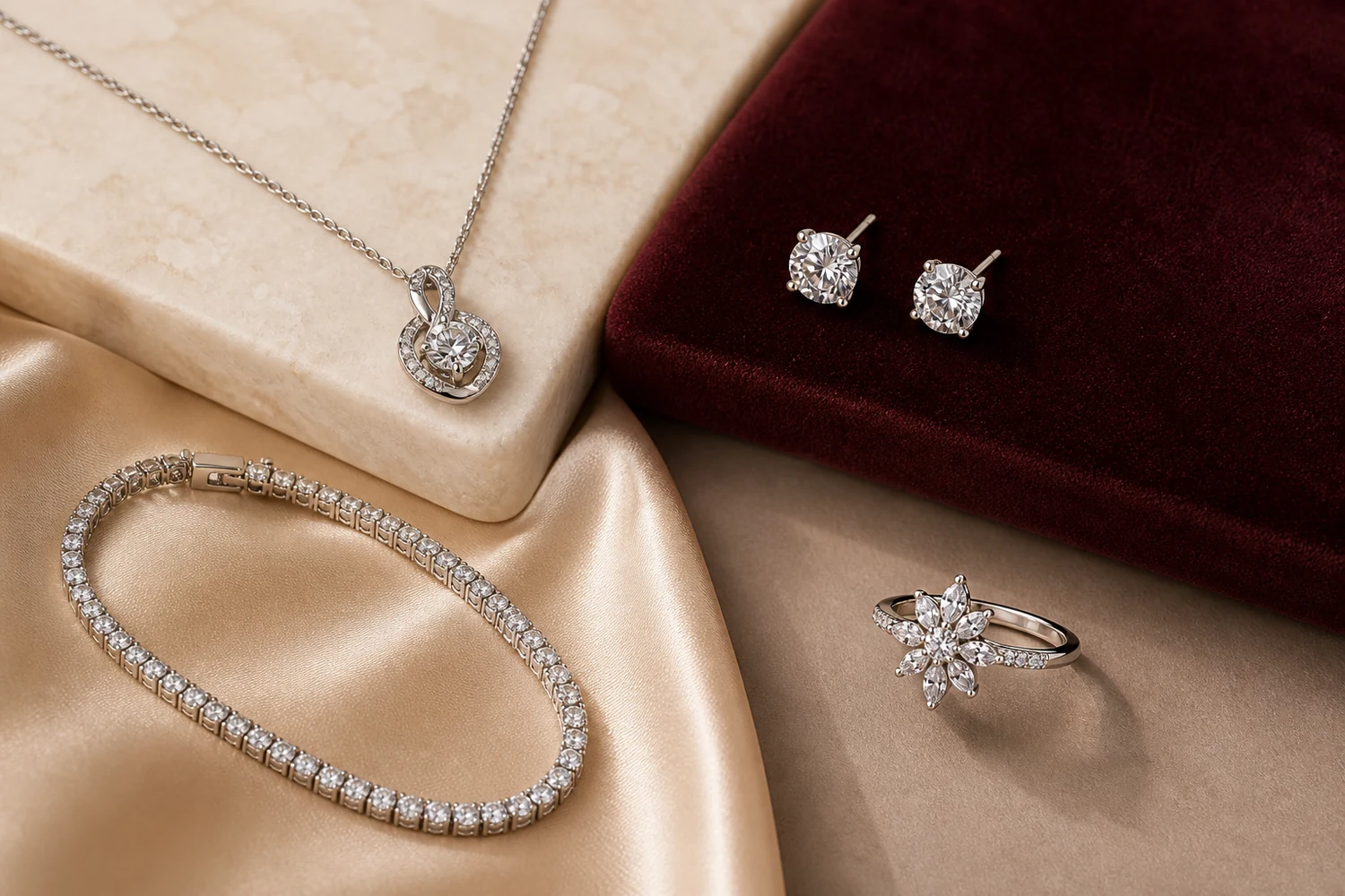 Necklace, earrings, bracelet and ring arranged for a jewelry gift comparison