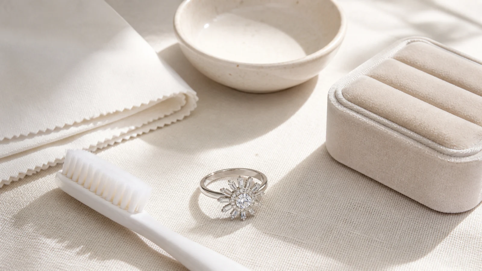 Generic sunburst-inspired ring with a soft brush, lint-free cloth, bowl, and padded storage box
