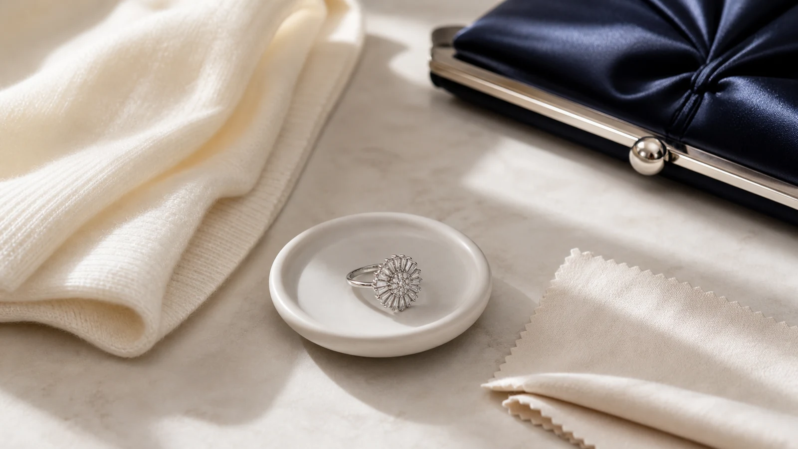 Generic radiant ring in a ceramic dish beside knit satin clutch and soft cloth