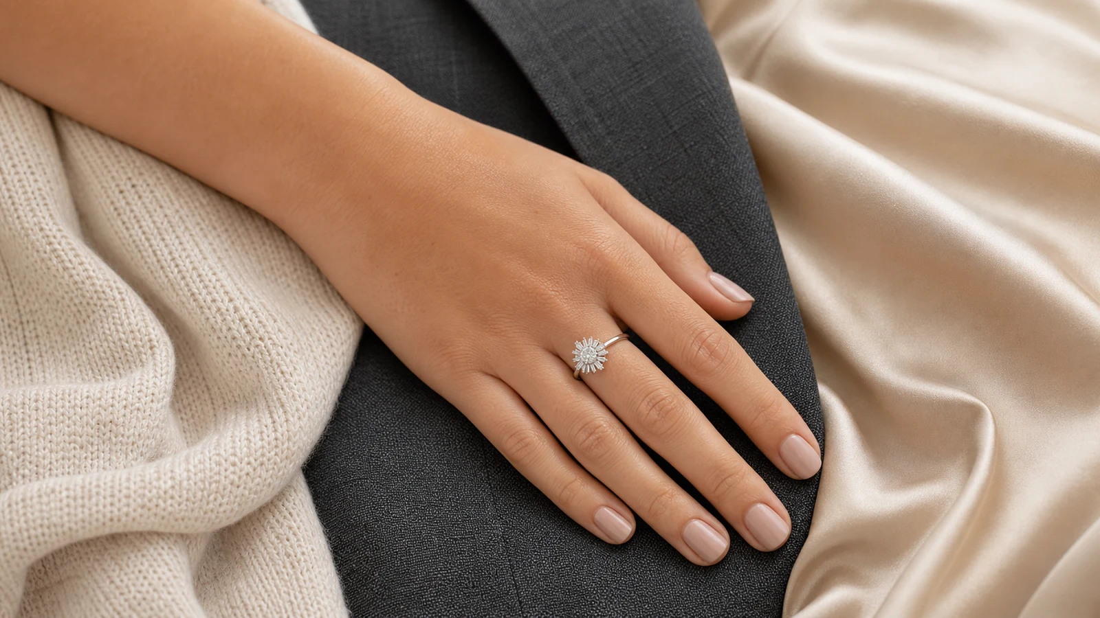 Woman wearing a generic sunshine ring over knit suiting and satin fabrics