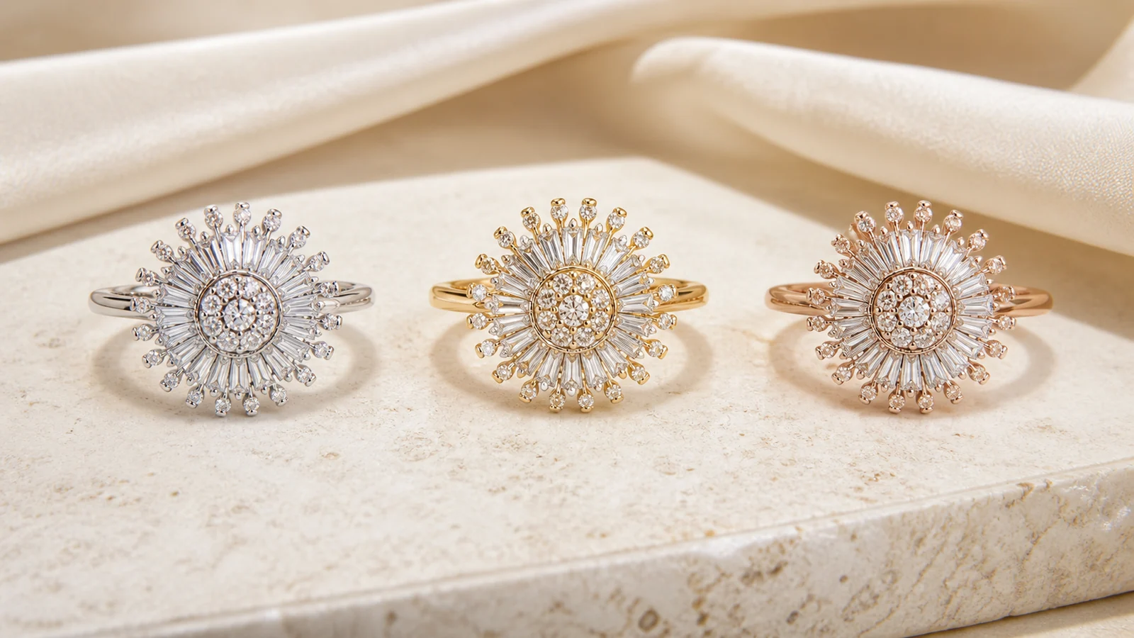 Three generic sunburst-inspired rings in white, yellow, and rose visible metal tones