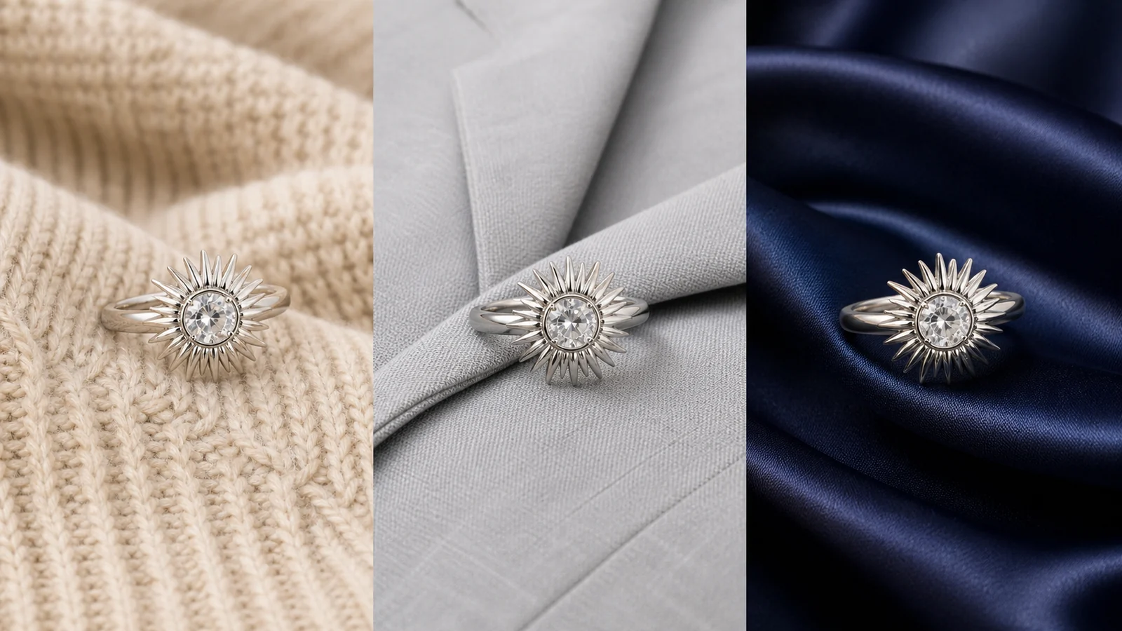 Generic sunshine ring shown with knit suiting and satin outfit textures