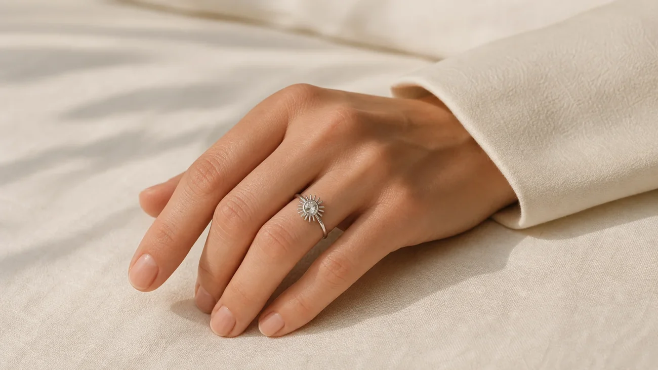 Woman wearing a generic silver-tone sunshine ring with a neutral ivory outfit