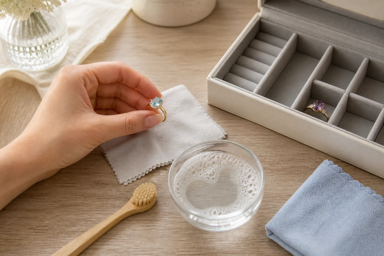 Gentle gemstone jewelry cleaning with mild soapy water, a soft brush, and separate padded storage