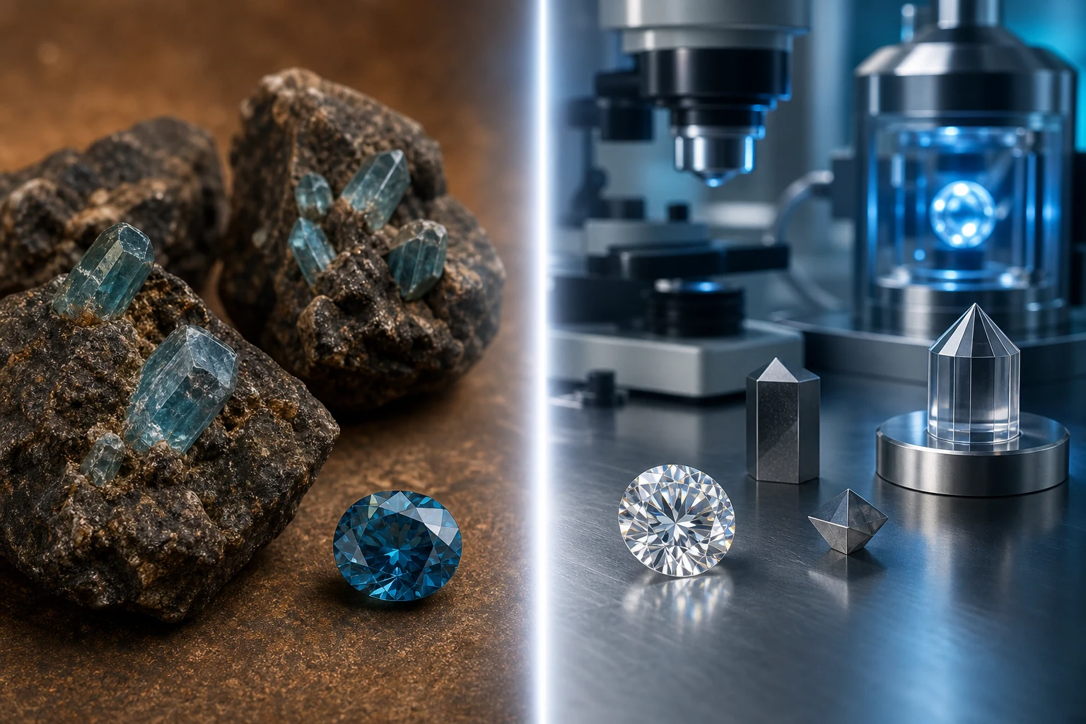 Conceptual gemstone origin comparison with natural zircon crystal specimens and lab-created moissanite material