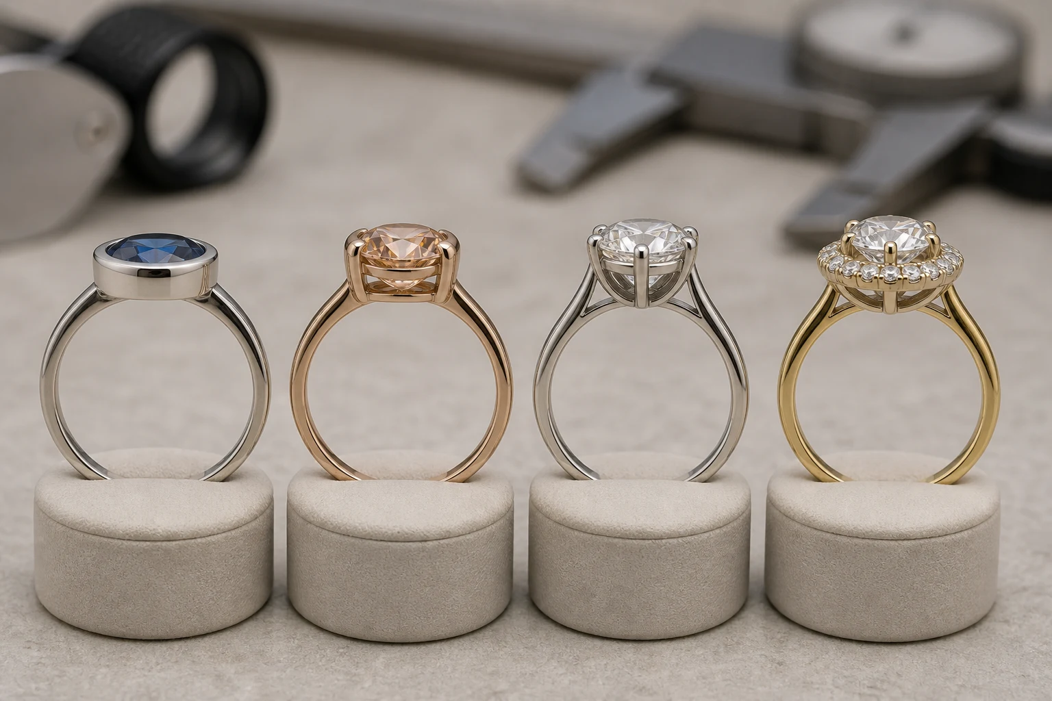 Protective low-profile gemstone setting compared with a more open raised ring setting