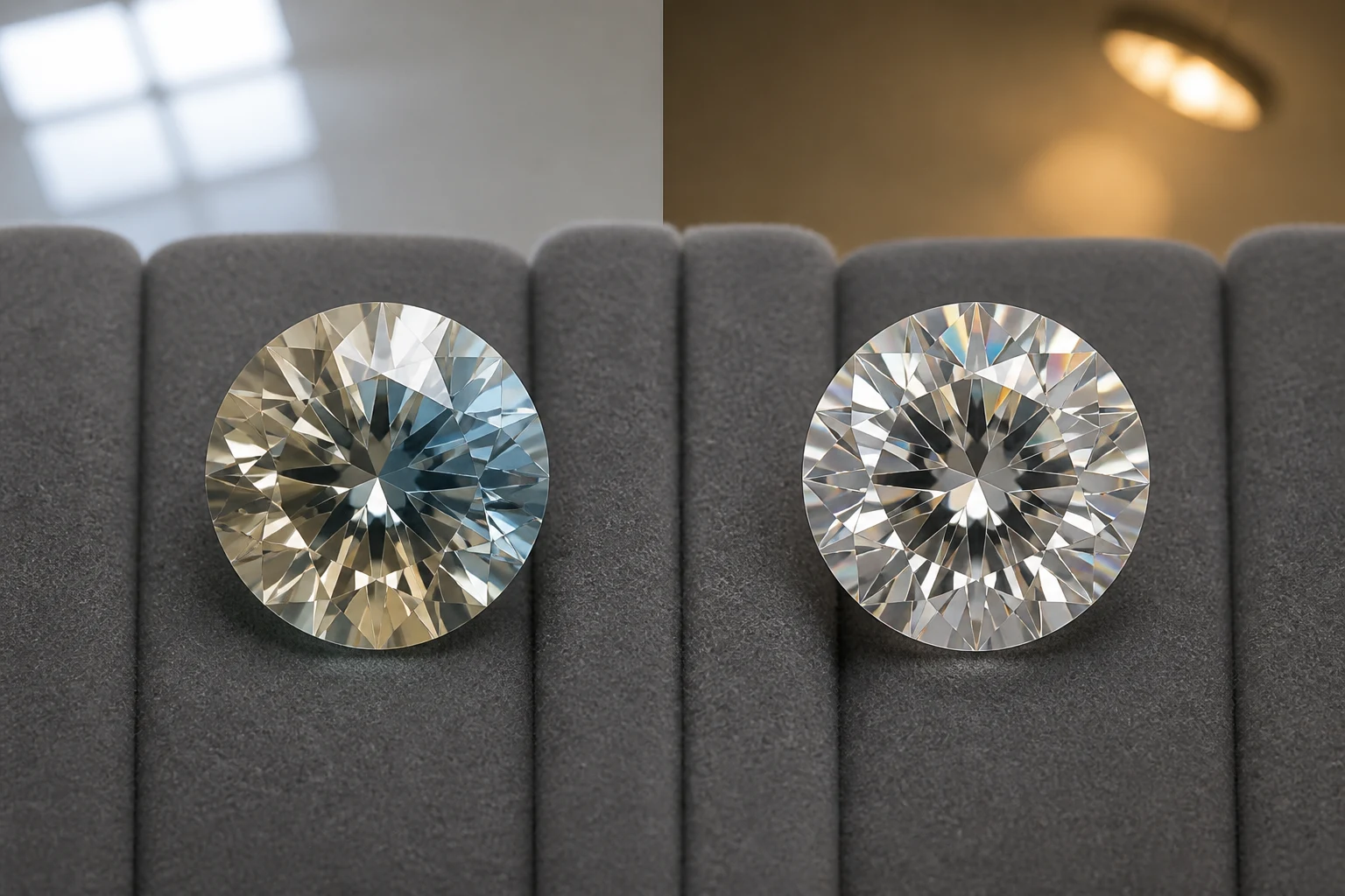 Neutral-light editorial comparison of a warm natural zircon appearance and a colorless moissanite appearance
