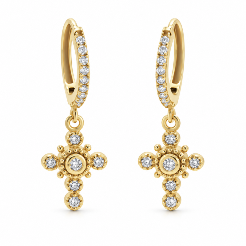 Baroque Cross Moissanite Drop Earrings - MS1000