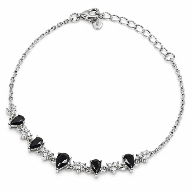 S925 Black Pear Cut Moissanite Floral Chain Bracelet