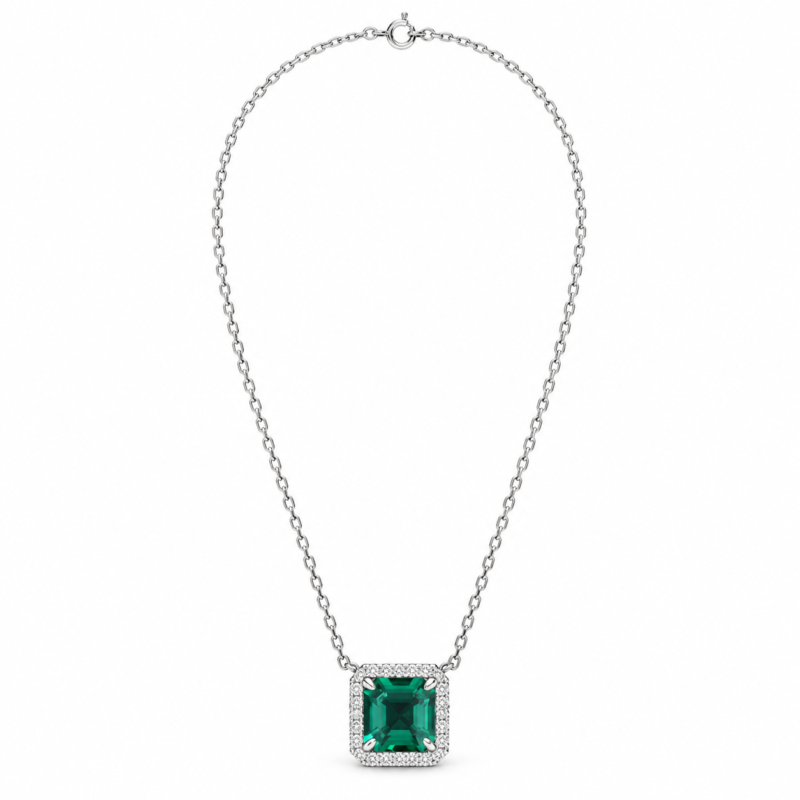 S925 Emerald-Cut Green Halo Pendant Necklace