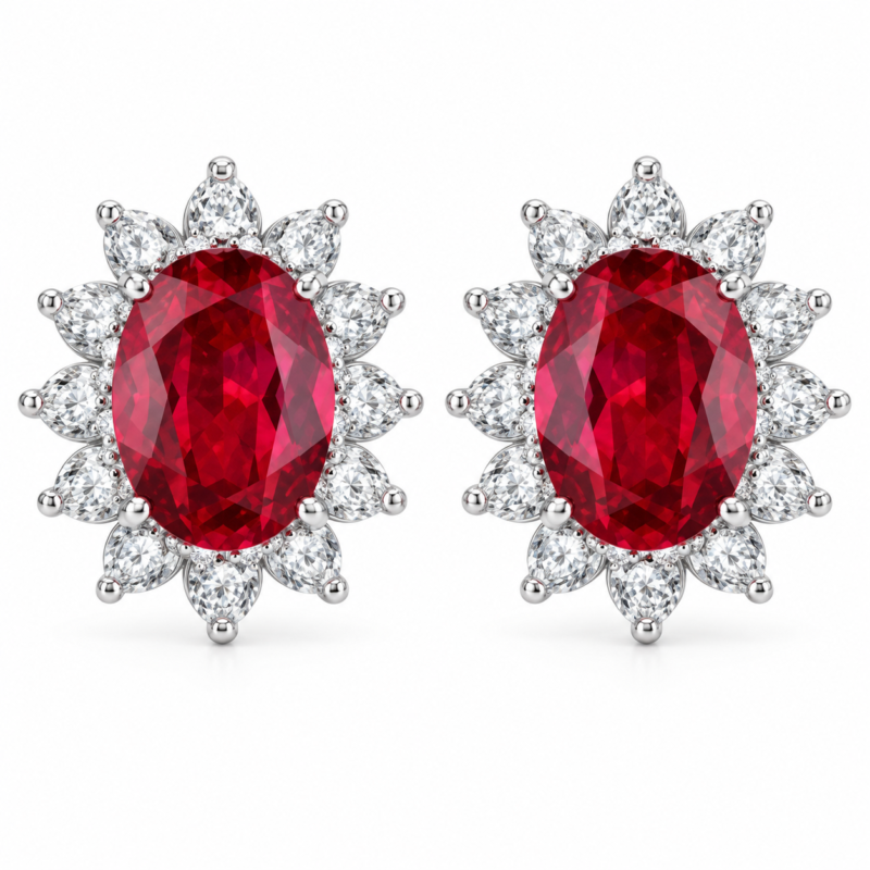 S925 5×7mm Red Oval Moissanite Halo Stud Earrings