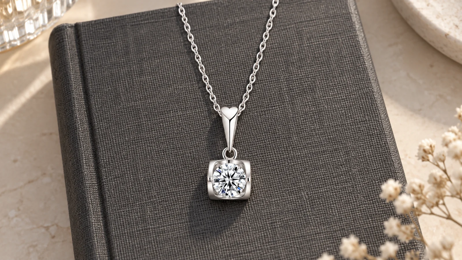 Square-framed round moissanite pendant on a charcoal linen book