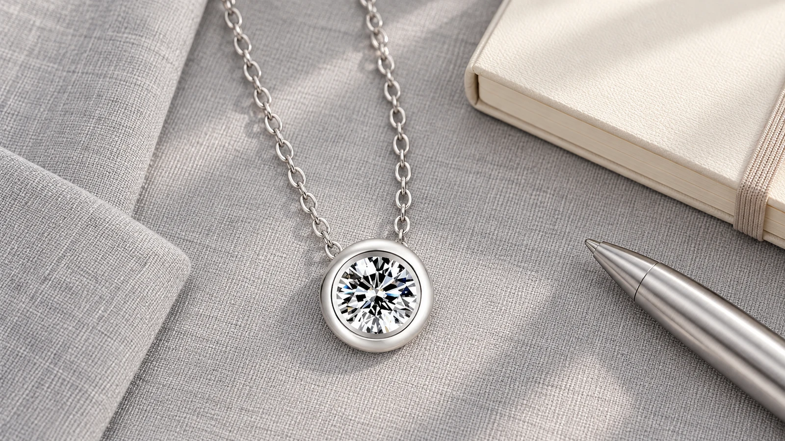 Bezel-set round pendant styled with gray workwear