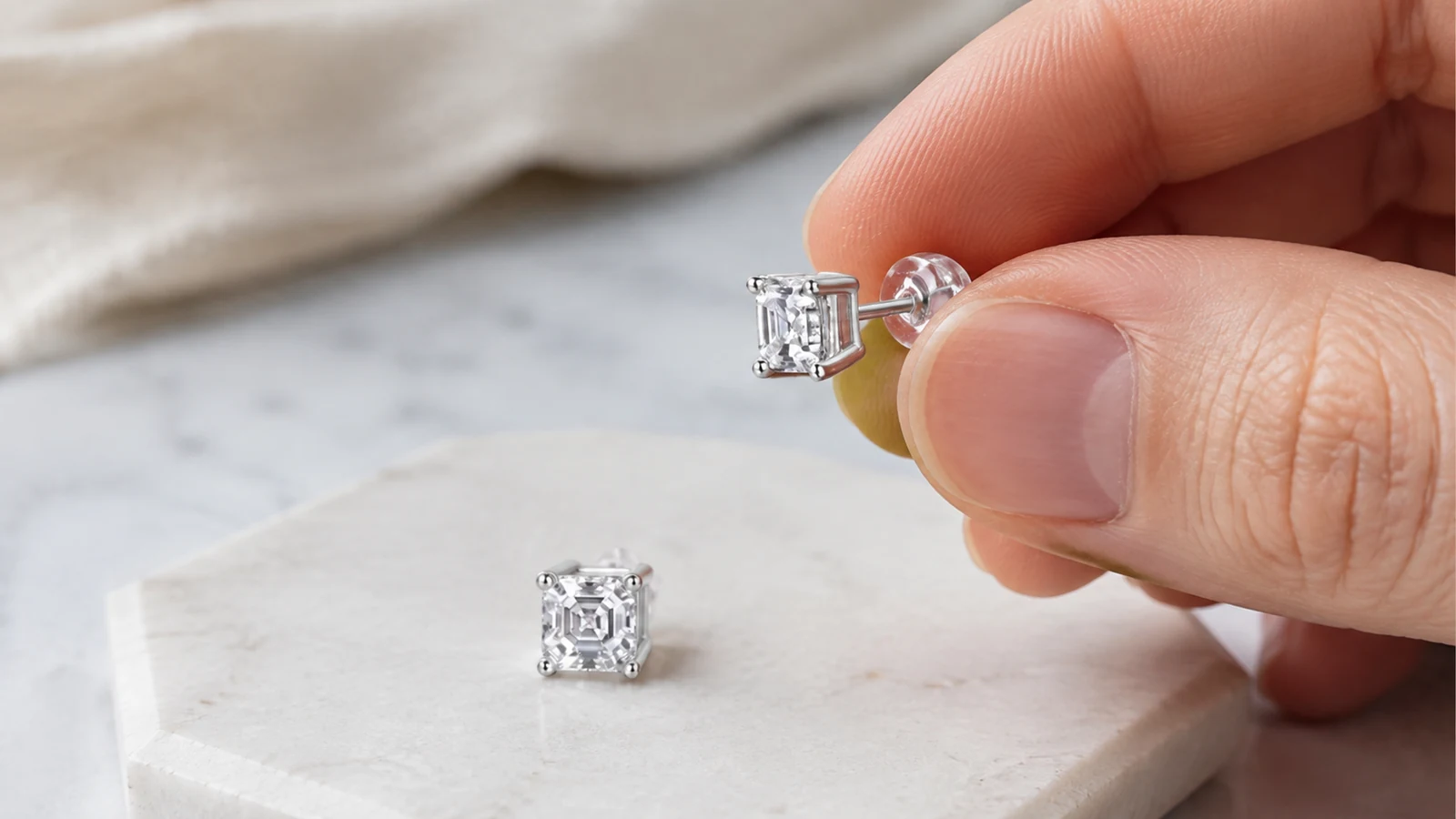 Hand checking the post and transparent back of an MS0258 stud earring