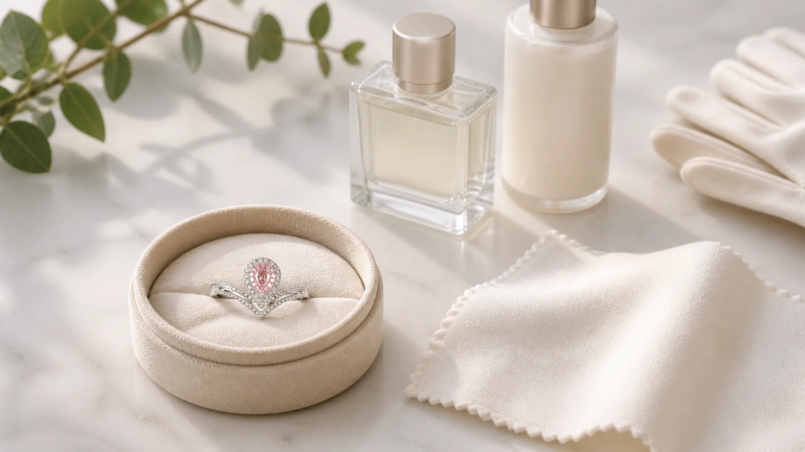 CJ076 ring in padded storage beside a soft cloth with perfume and lotion kept away