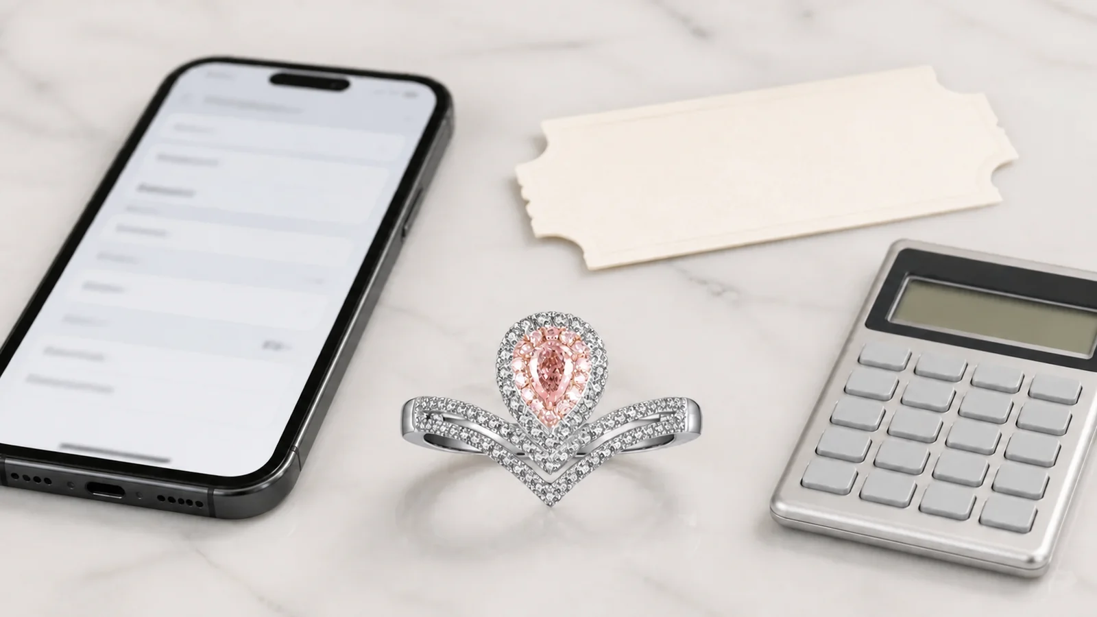 CJ076 ring beside a blurred checkout screen, blank coupon paper, and unmarked calculator