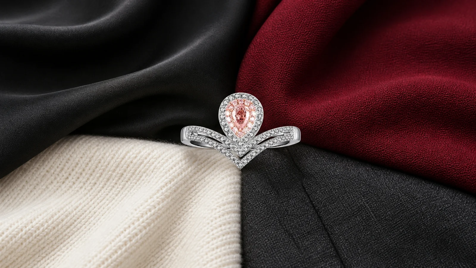 CJ076 ring visualized with black, burgundy, ivory, and charcoal fabrics
