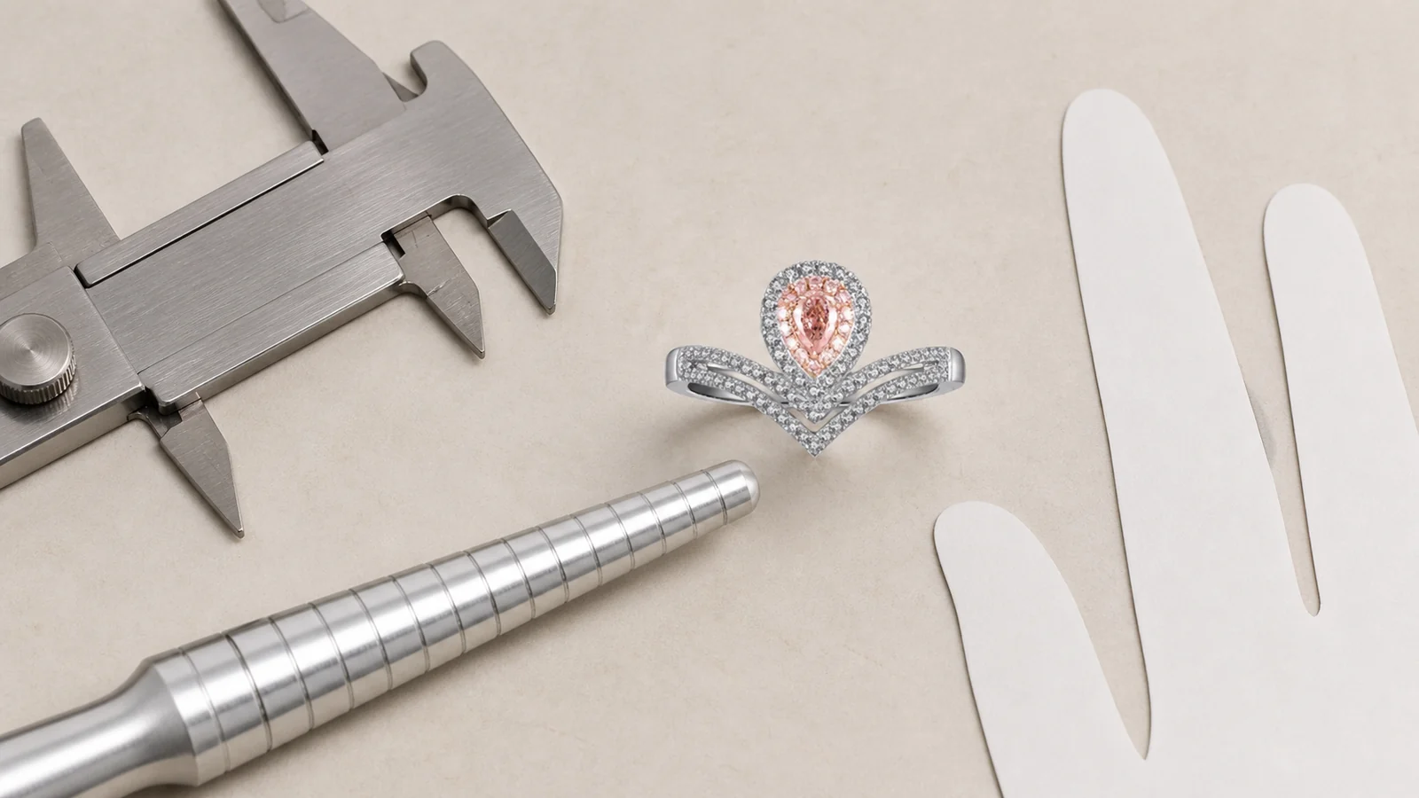 CJ076 ring beside an unmarked caliper and ring-sizing tools