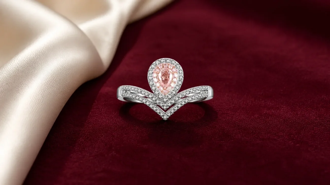 CJ076 ruby red statement ring visualized on burgundy velvet and ivory silk