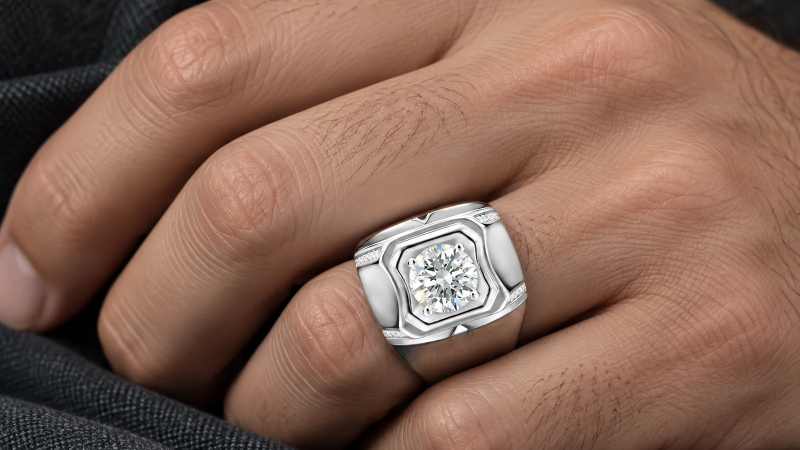 Round center stone framed by an angular cushion-style setting on a statement ring