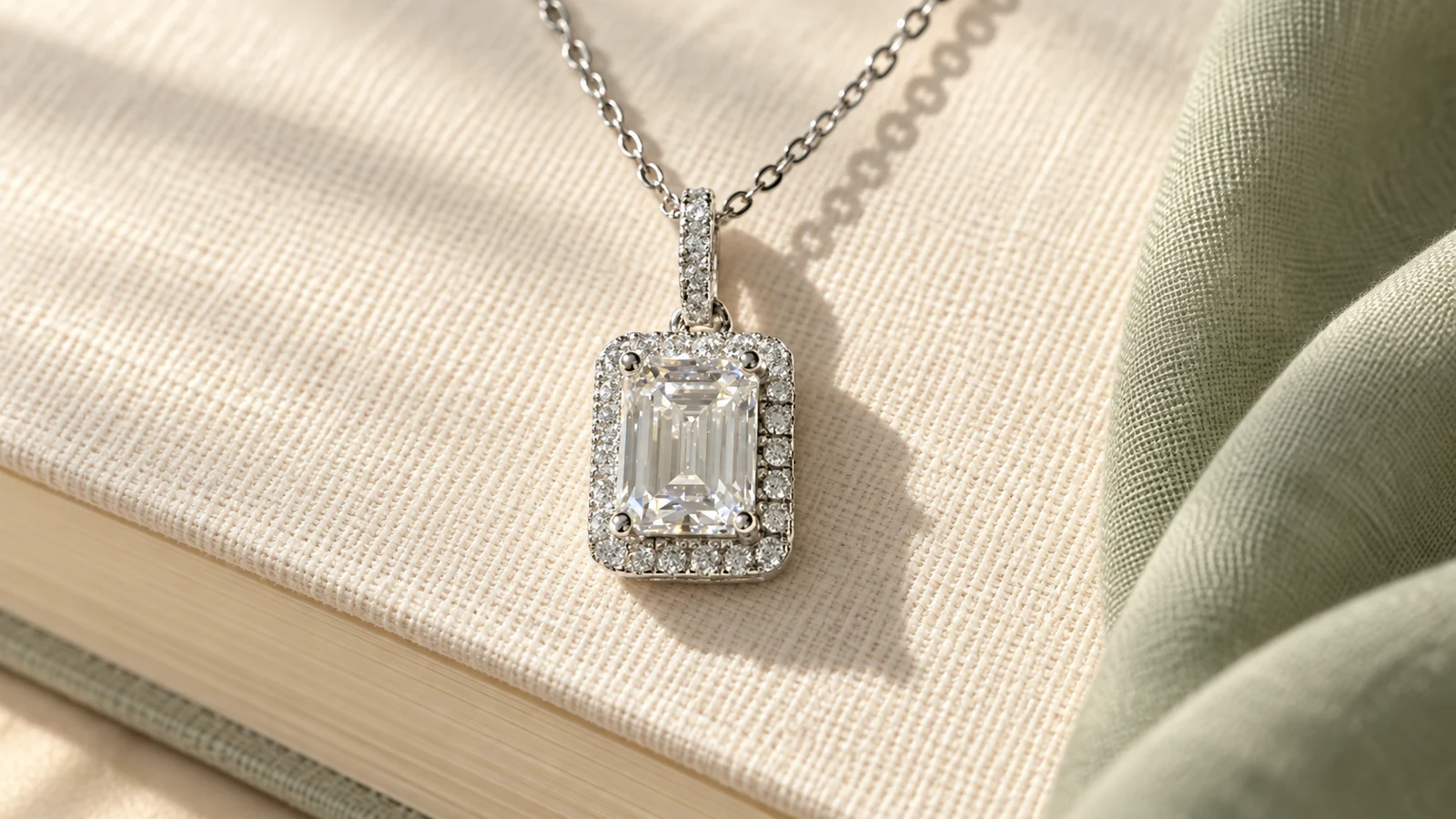 Emerald-cut halo pendant on an ivory linen book