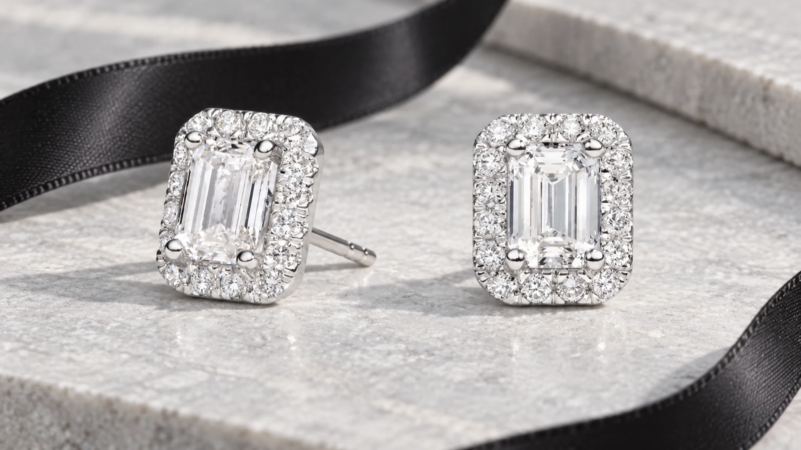 Emerald-cut halo stud earrings on pale gray stone