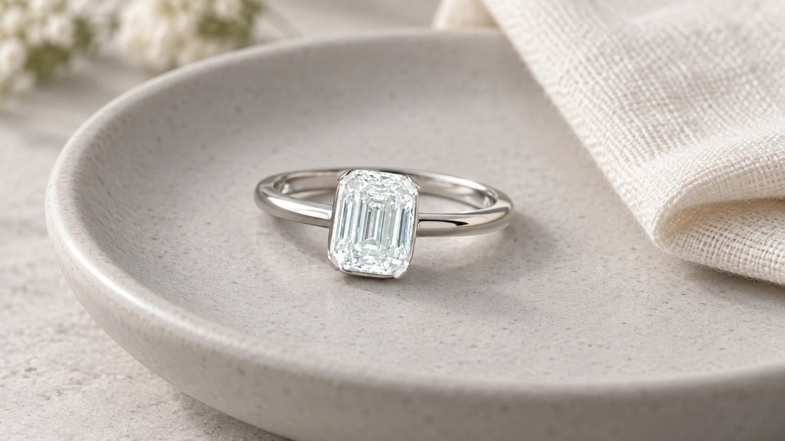 Emerald-cut white moissanite solitaire ring in a ceramic dish