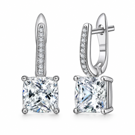 S925 Silver Princess-Cut Moissanite 4-Prong & Pavé-Set Hinged Earrings | Pair