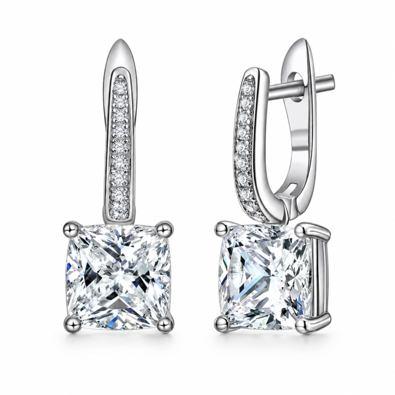 S925 Silver Princess-Cut Moissanite 4-Prong & Pavé-Set Hinged Earrings | Pair