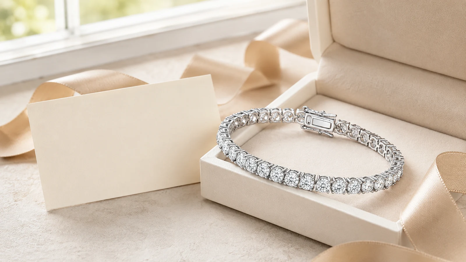 Elite round moissanite tennis bracelet presented in a warm white gift box
