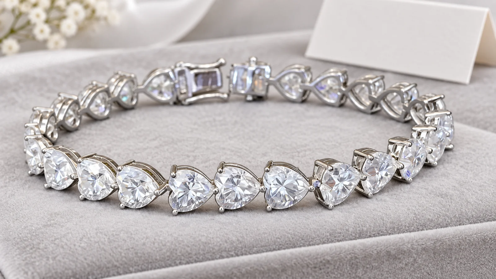 Heart-cut tennis bracelet arranged on pale gray velvet