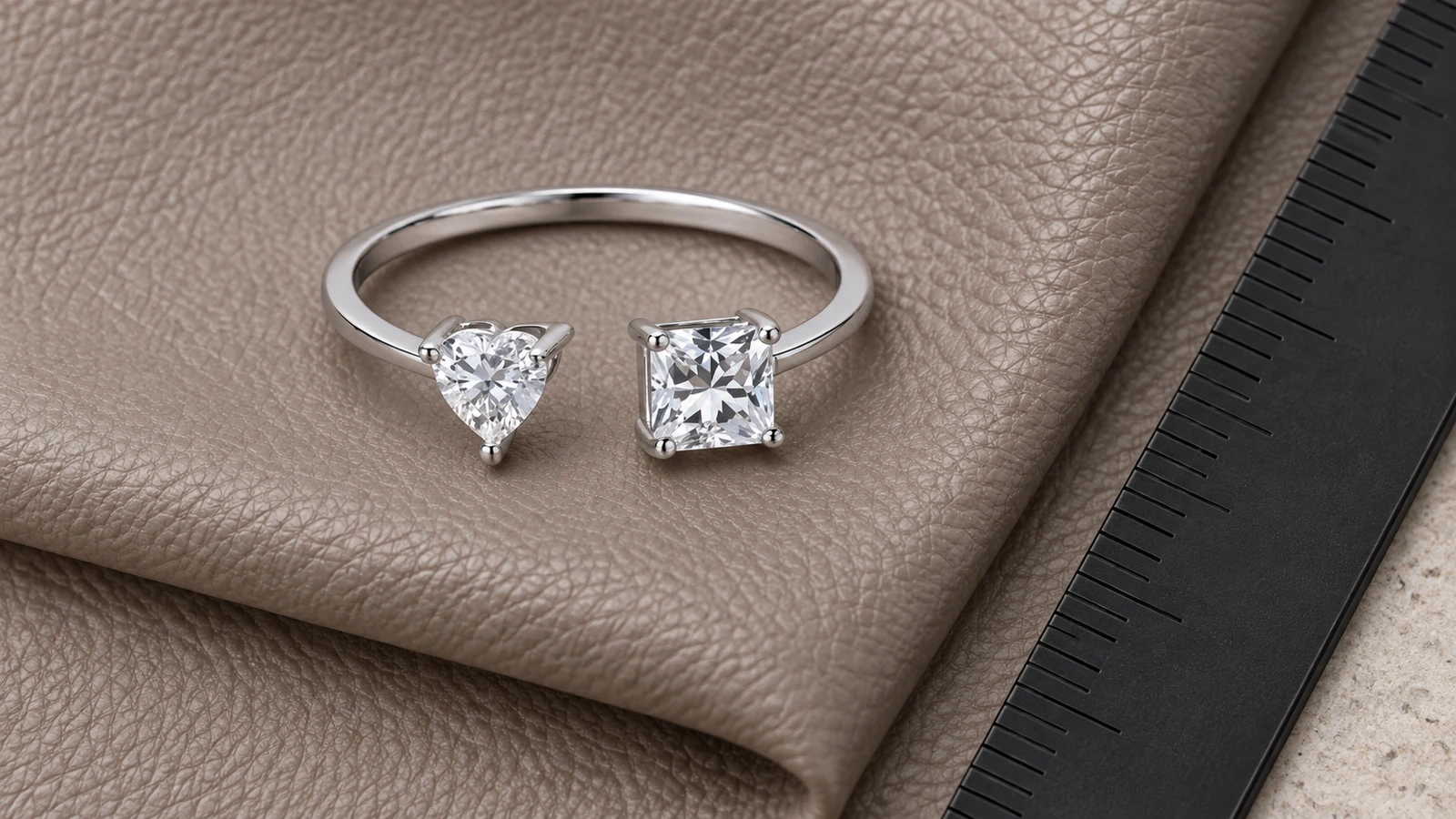 Heart and princess-cut bypass ring beside a plain black ruler