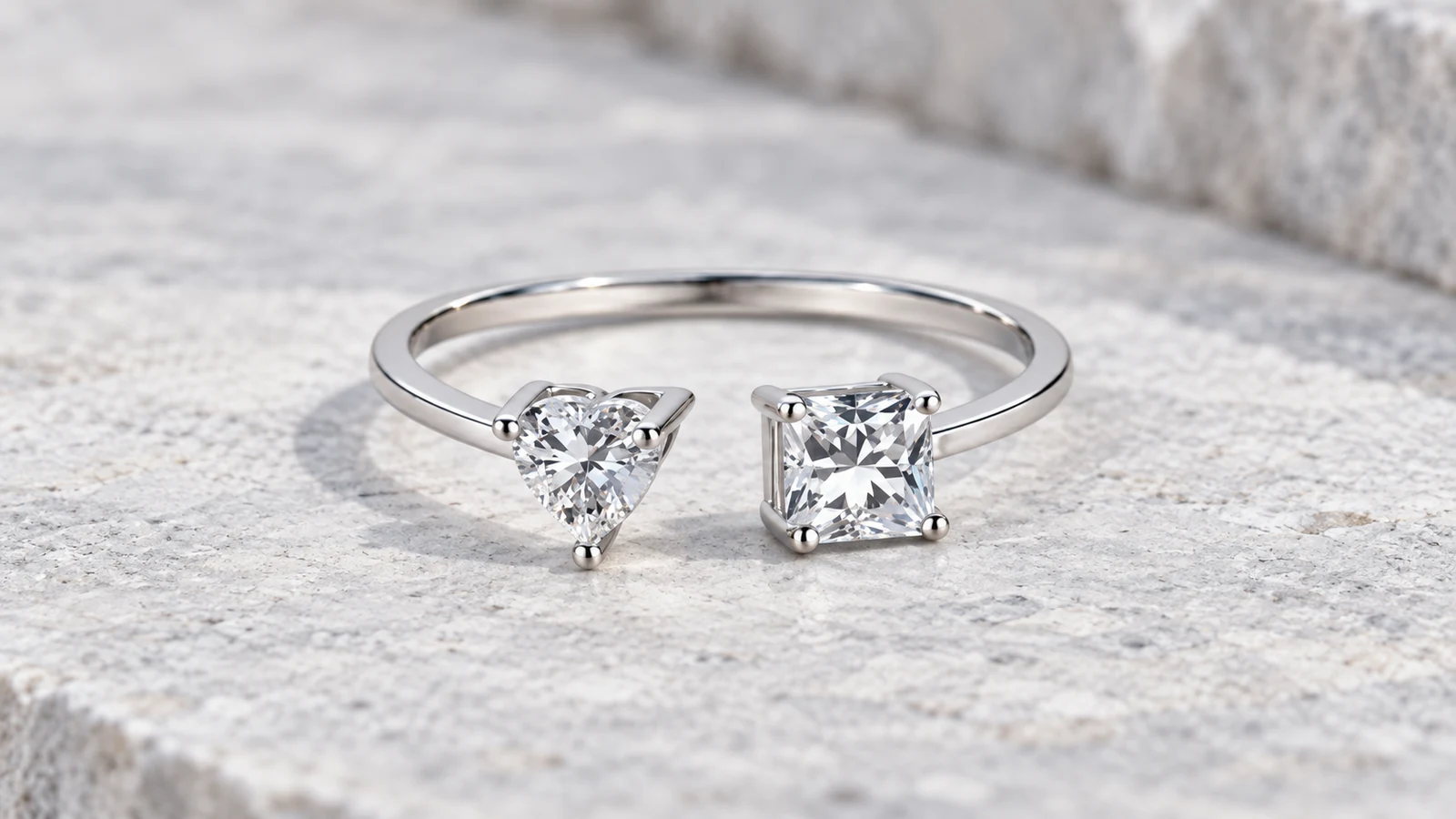 Heart and princess bypass ring with two sparkle focal points