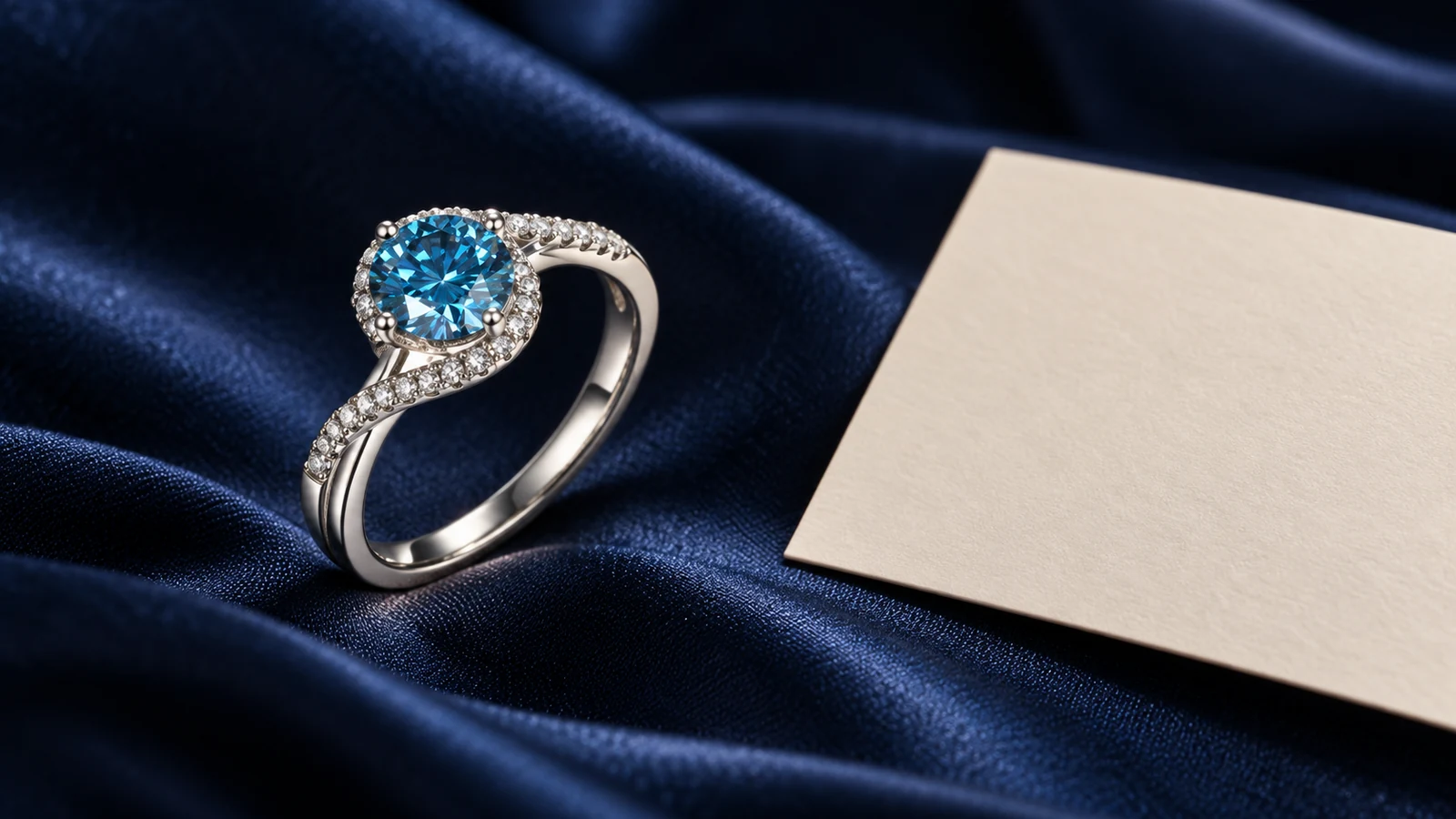 Klein-blue round moissanite halo ring displayed on navy silk