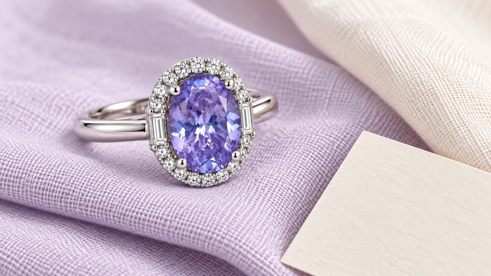 Lavender oval moissanite halo ring styled on pale lilac linen
