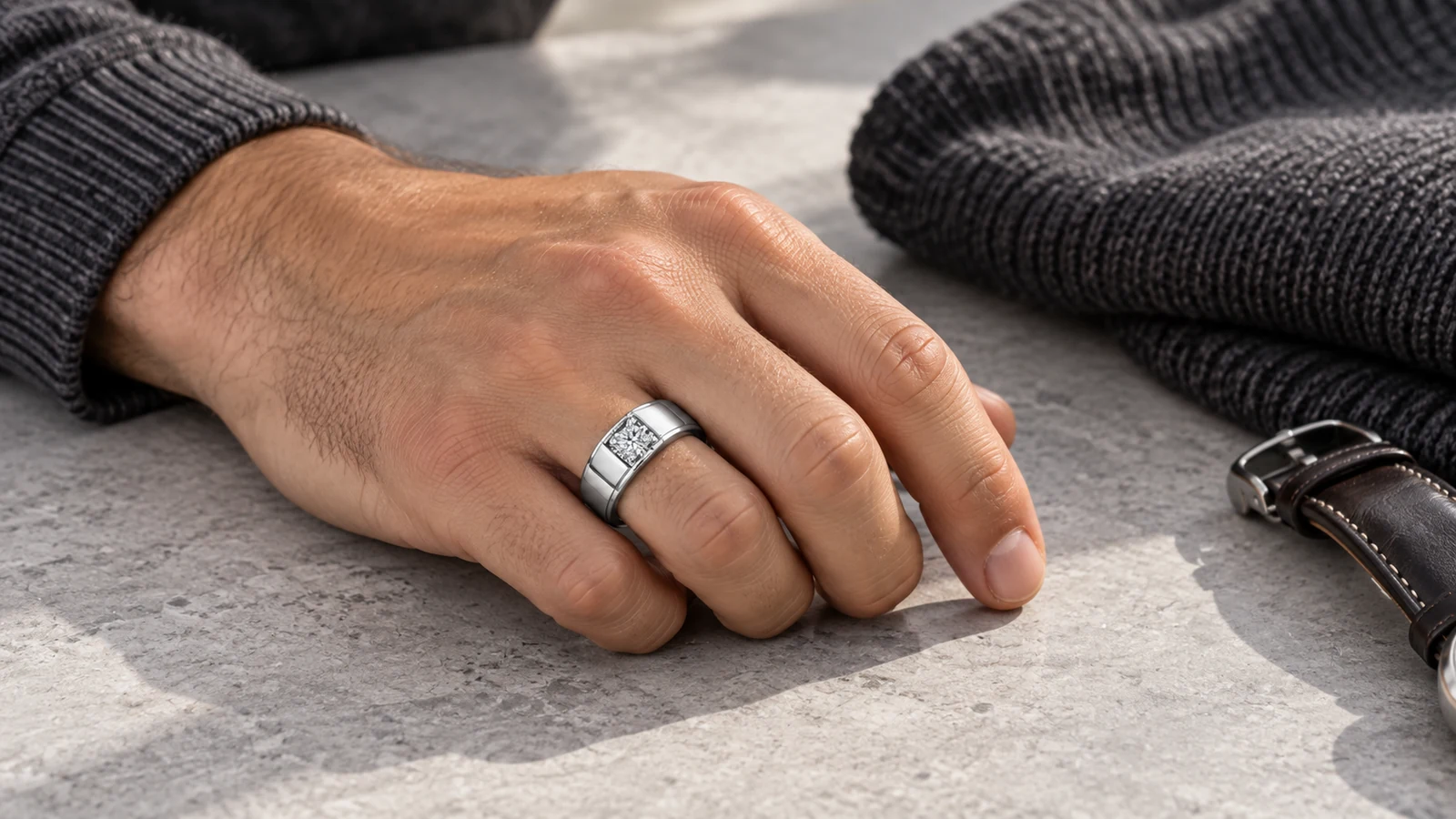 Broad geometric silver ring styled for a casual weekend