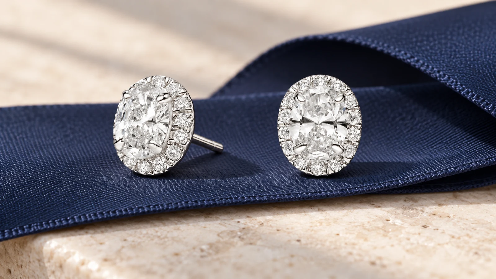 Oval halo stud earrings showing a fixed profile